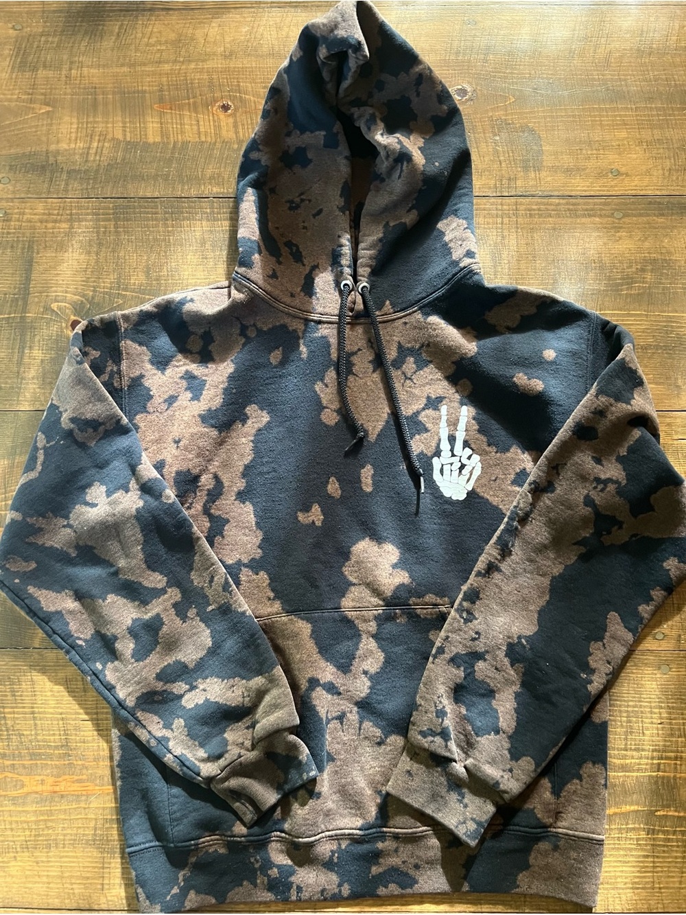 Bleach-Effect Black & Brown Graphic Hoodie with Skeleton Hand Print